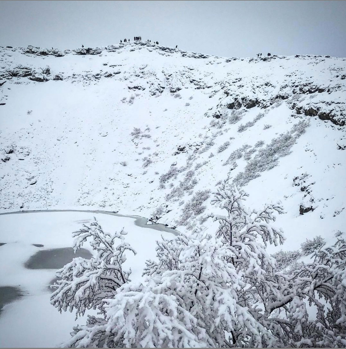 People walking on the edge of a crater, kerid with snow on the hills, snow-covered tree in forground and the crater lake frozen