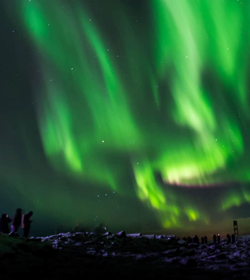 People standing and looking at Northern Lights